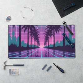Vaporwave夕焼けヤシの木ネオングリッドデスクマット デスクマット