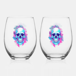 Vaporwave風フラワースカル ステムなしワイングラス
