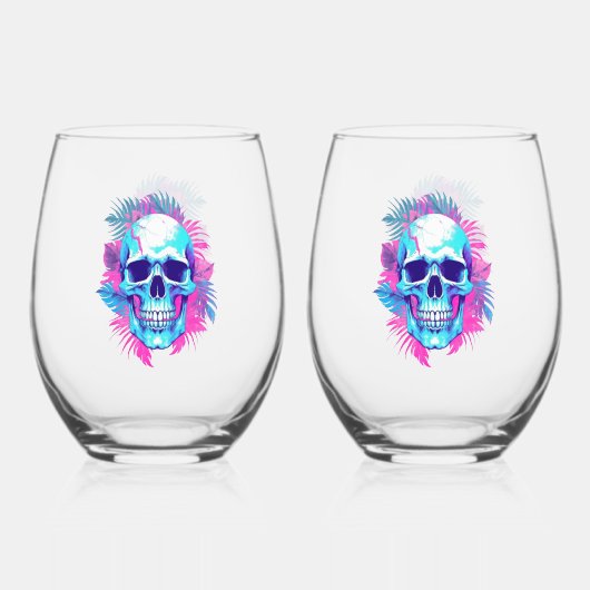 Vaporwave風フラワースカル ステムなしワイングラス (正面)