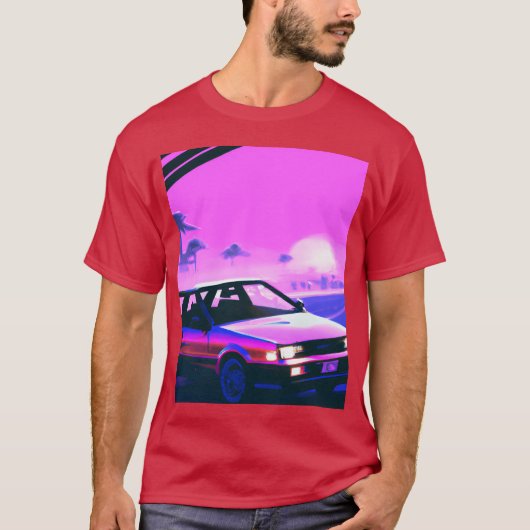 Vaporwave カー Synthwave 夕焼け 少女 レトロ おもしろ Tシャツ (正面)