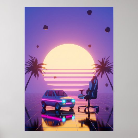 Vaporwave レトロカーとゲーミングチェア ポスター (正面)