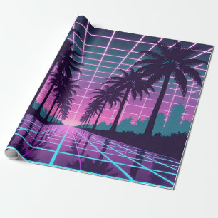 Vaporwave 80sネオングリッド合成波アートポスター ラッピングペーパー
