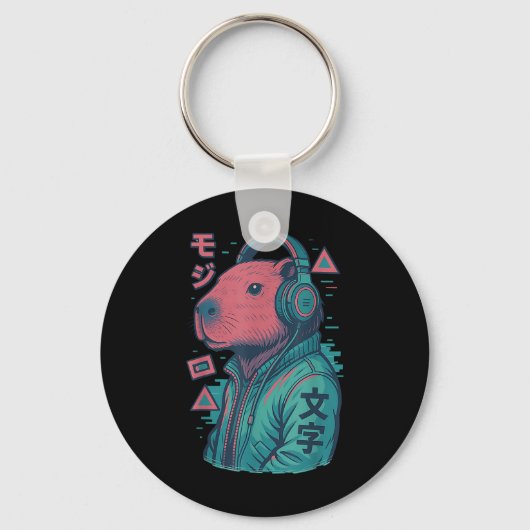 Vaporwave Capybara 日本の Art Animeマンガ浮世絵 キーホルダー (正面)