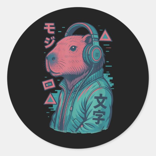 Vaporwave Capybara 日本の Art Animeマンガ浮世絵 ラウンドシール (正面)