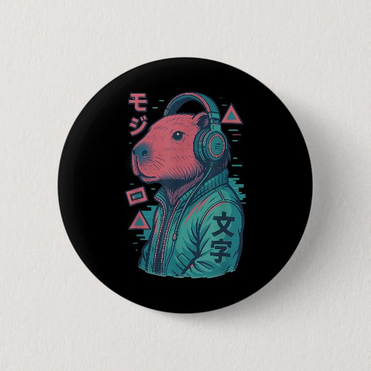 Vaporwave Capybara 日本の Art Animeマンガ浮世絵 缶バッジ (正面)