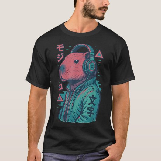Vaporwave Capybara 日本の Art Animeマンガ浮世絵 Tシャツ (正面)