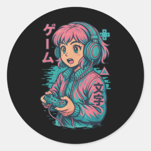 Vaporwave Gamer Girl 日本のArt Animeマンガグラフ ラウンドシール