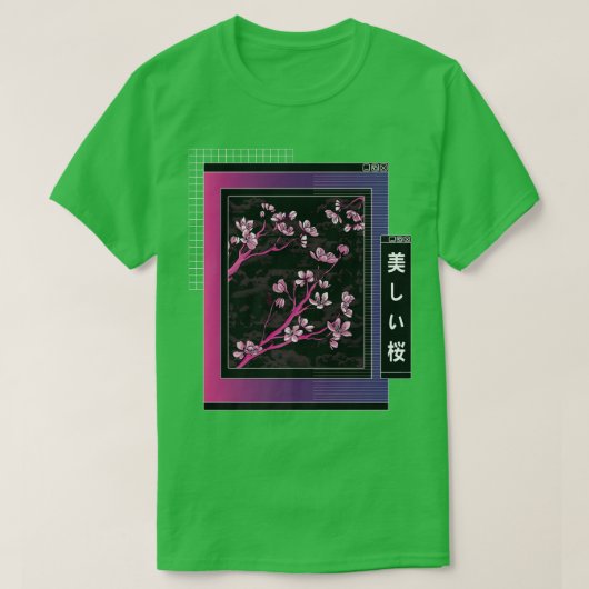 Vaporwave Japanスタイル日本のさくらんぼ咲 Tシャツ (デザイン正面)