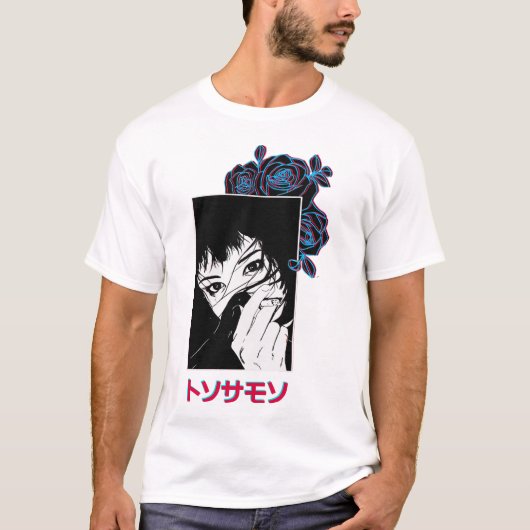 Vaporwave Japanese Girl Rose Ornament  Tシャツ (正面)
