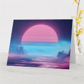 Vaporwave Sunset Landscape,レトロ – 未来的デザイン カード (黄色い花)