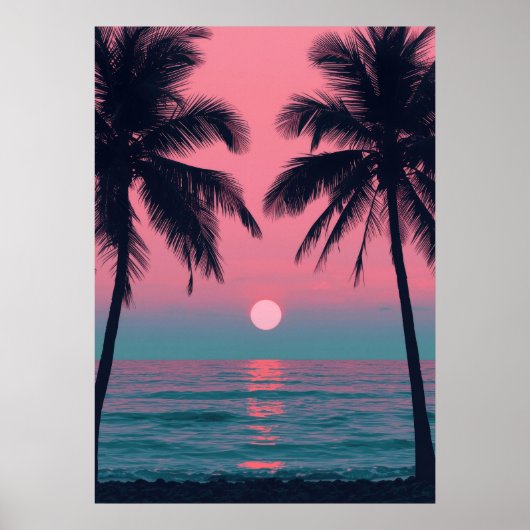Vaporwave Sunset Palm Trees – Aesthetic Beach Wall ポスター (正面)
