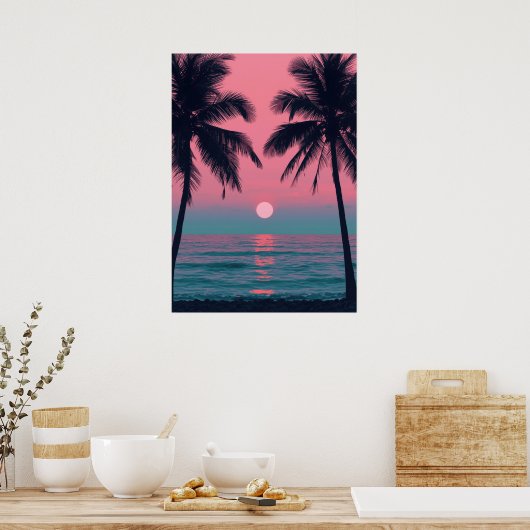 Vaporwave Sunset Palm Trees – Aesthetic Beach Wall ポスター (キッチン)