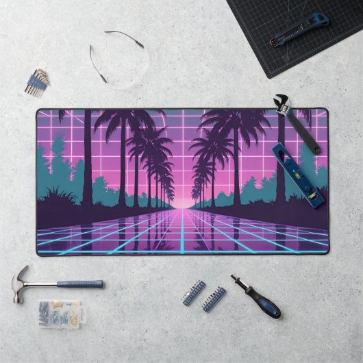 Vaporwave Sunset Palm Trees Neon Grid Desk Mat デスクマット (ワークステーション)