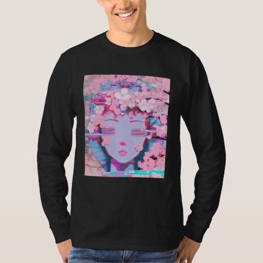 Vaporwave Synthwave レトロウェーブ グリッチ 桜 Tシャツ (正面)