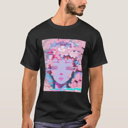 Vaporwave Synthwave レトロウェーブ グリッチ 桜 Tシャツ (正面)