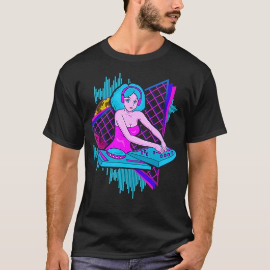 Vaporwave Synthwave DJ Girl 1980sと1990sギフト Tシャツ (正面)