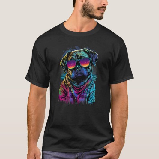 Vaporwave Synthwave Retrowave 80s Pug Dog with Sun Tシャツ (正面)