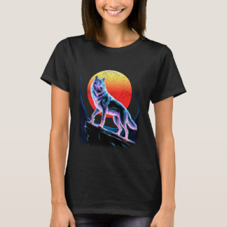 Vaporwave Wolf Standing Strong in Glitchy Sunset C Tシャツ
