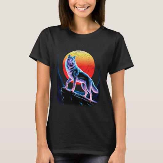 Vaporwave Wolf Standing Strong in Glitchy Sunset C Tシャツ (正面)
