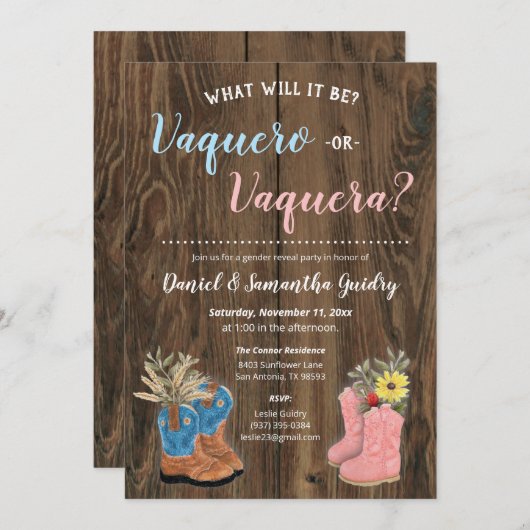 Vaquero/Vaqueraブーティダークウッド性別リビール 招待状 (正面/裏面)