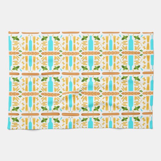 Various dry pasta shapes basil and baguettes キッチンタオル (横)