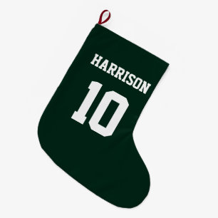 Varsityスポーツダークパイングリーン白い名前番号 ラージクリスマスストッキング