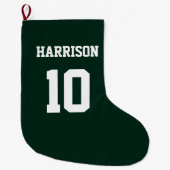 Varsityスポーツダークパイングリーン白い名前番号 ラージクリスマスストッキング (正面)