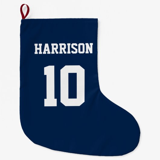 Varsityスポーツ海軍の青と白の名前番号 ラージクリスマスストッキング (正面)