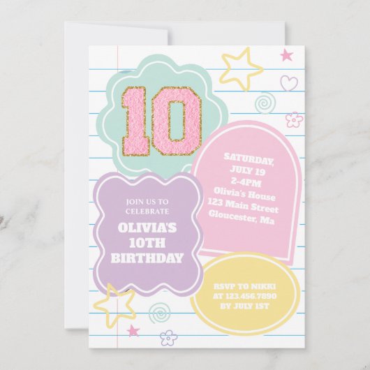 Varsityパステル名門私立校風のパッチノートブック10誕生日 招待状 (正面)
