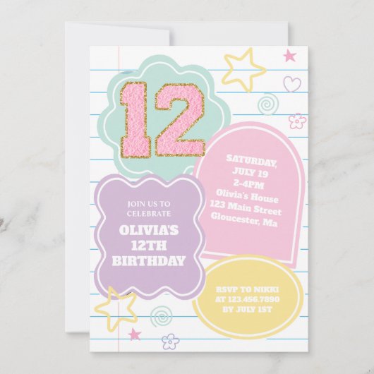 Varsityパステル名門私立校風のパッチノートブック12誕生日 招待状 (正面)