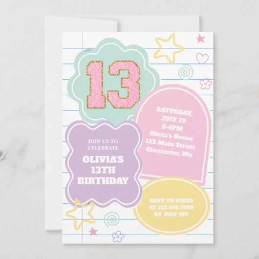 Varsityパステル名門私立校風のパッチノートブック13誕生日 招待状 (正面)