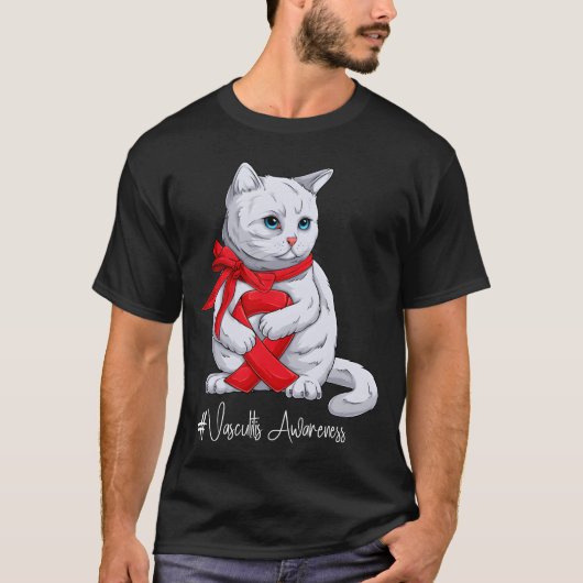 Vasculitis Awareness Month Red Ribbon Cat funny Tシャツ (正面)