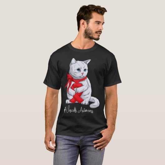 Vasculitis Awareness Month Red Ribbon Cat funny Tシャツ (正面フル)