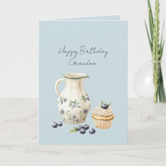 Vase Blueberries Cupcake Birthday カード (正面)
