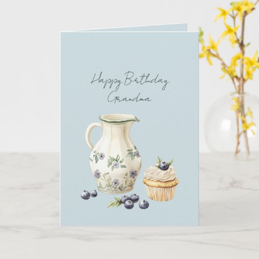 Vase Blueberries Cupcake Birthday カード (黄色い花)