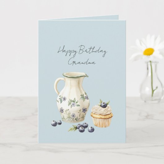 Vase Blueberries Cupcake Birthday カード (小さな植物)