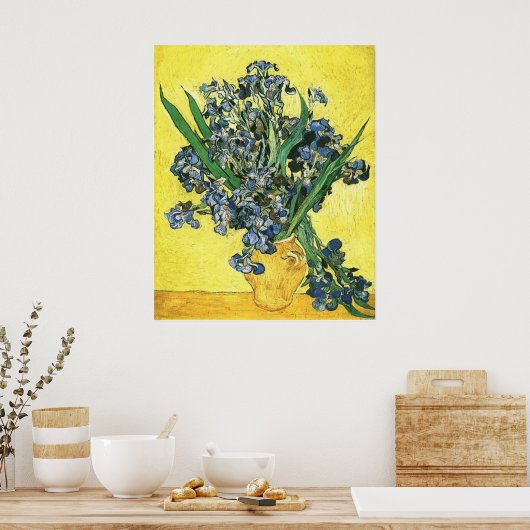 Vase with irises against yellow background ポスター (キッチン)