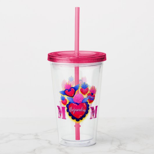 Vaso acrílico Corazones rosas de Mamá Editable アクリルタンブラー (正面)