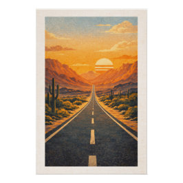 Vast Desert Highway Sunset Retro Travel Poster ポスター