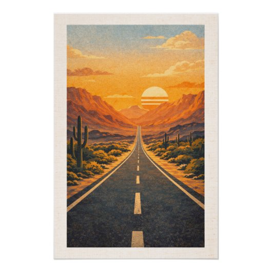 Vast Desert Highway Sunset Retro Travel Poster ポスター (正面)
