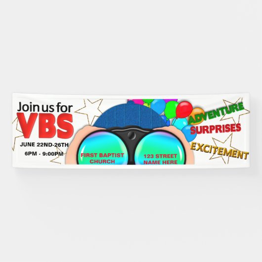 VBS広告バナー、双眼鏡、カラフル文字 横断幕 (横)