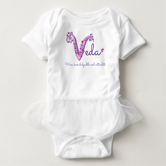 Veda女の子の名前と意味Vモノグラムシャツ ベビーボディスーツ (正面)