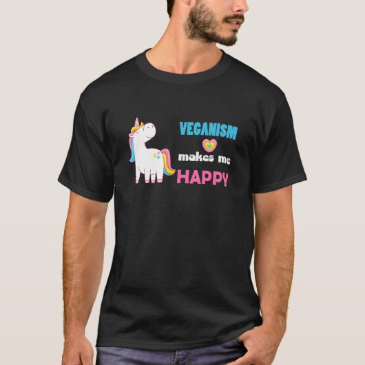 Veganismは私を幸せにするユニコーンアイディア Tシャツ (正面)