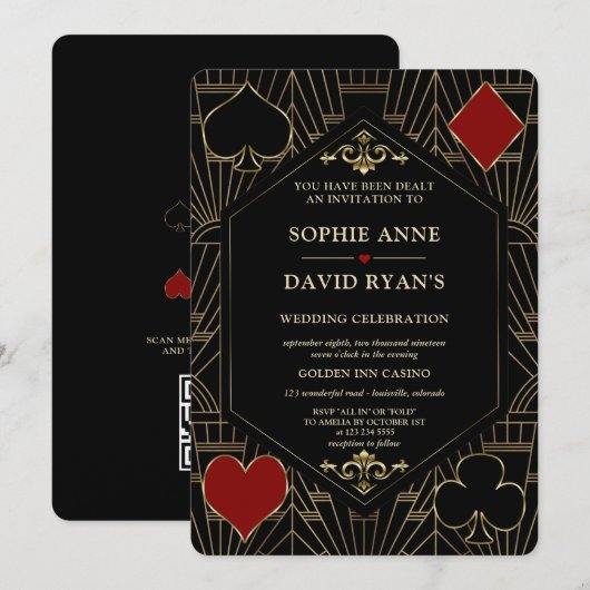 Vegas Gold Art Deco Casino QR Code Poker Wedding  招待状 (正面/裏面)