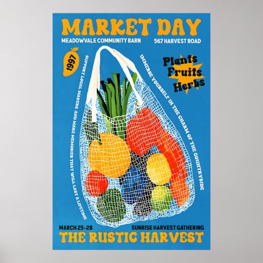 Vegetable Market Bag Art Print Rustic Farmers ポスター (正面)