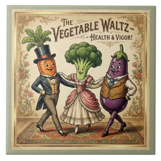 Vegetable Waltz Dancing Veggies Vintage Victorian タイル (正面)