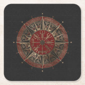 Vegvisir -バイキングのコンパス-の黒くおよび赤い革 スクエアペーパーコースター (正面)