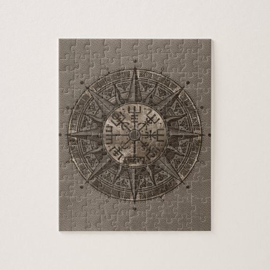 Vegvisir -バイキングのコンパス-ベージュ革および金ゴールド ジグソーパズル (縦)
