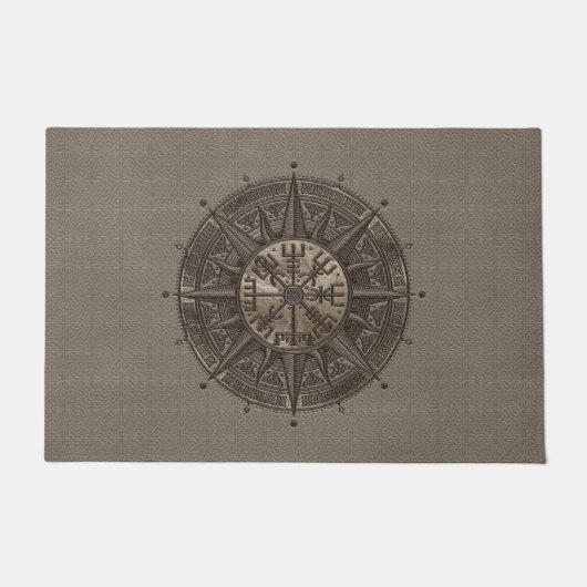 Vegvisir -バイキングのコンパス-ベージュ革および金ゴールド ドアマット (正面)