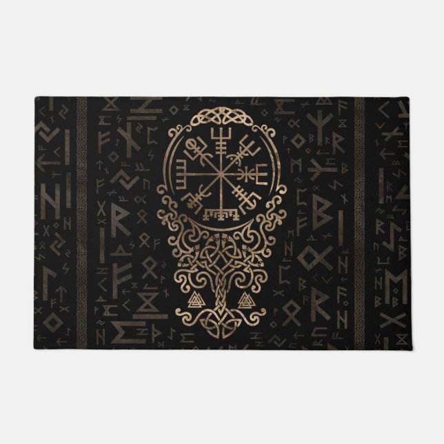 Vegvisir - Futharkパターンのバイキングのコンパス ドアマット (正面)
